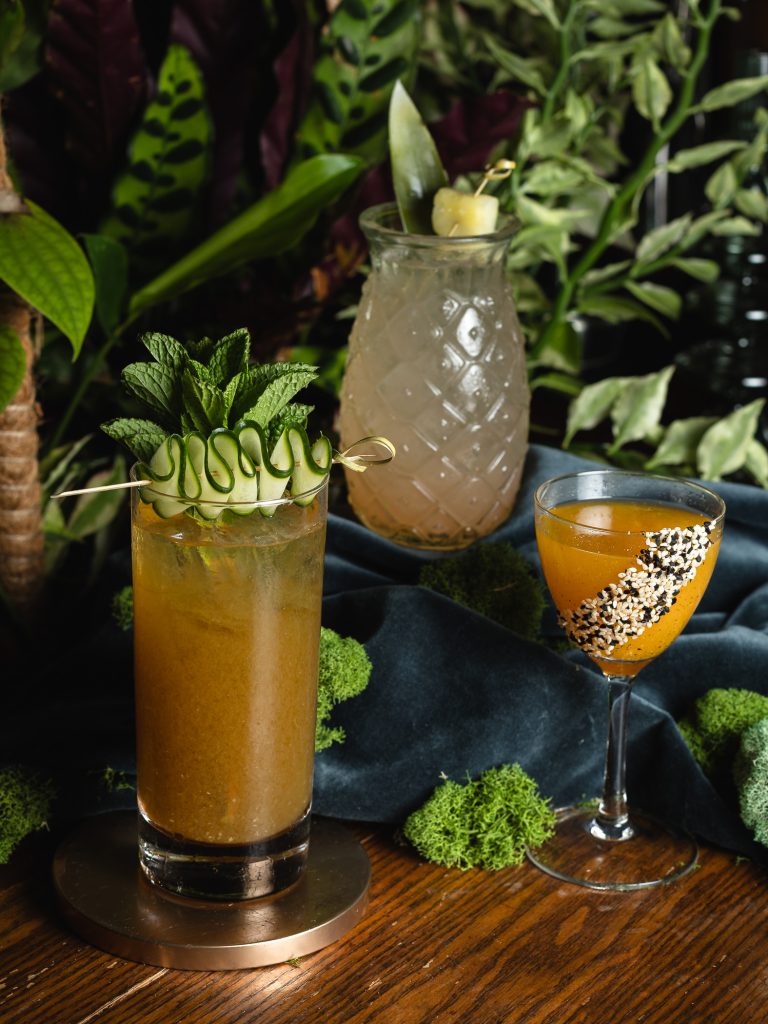 3 different cocktails in glasses